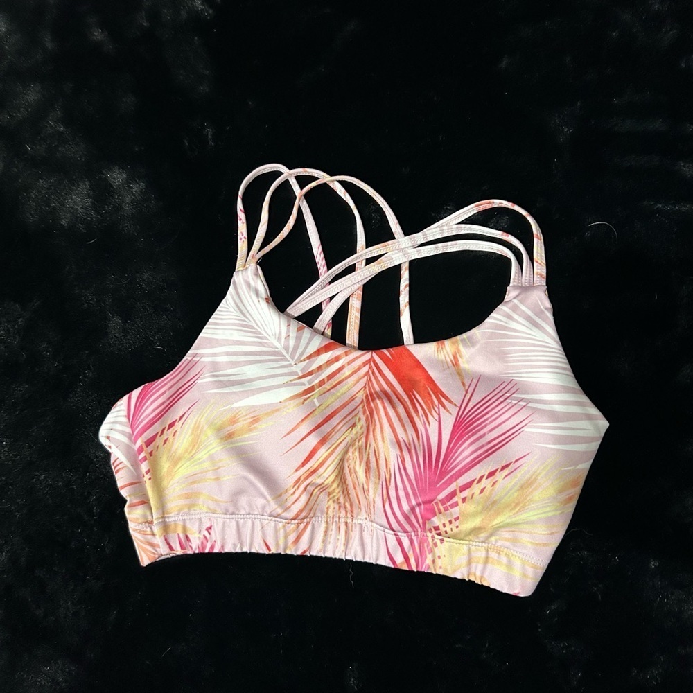 Women’s Strappy Sports Bra – Tropical Palm Print – Padded Workout Size Small